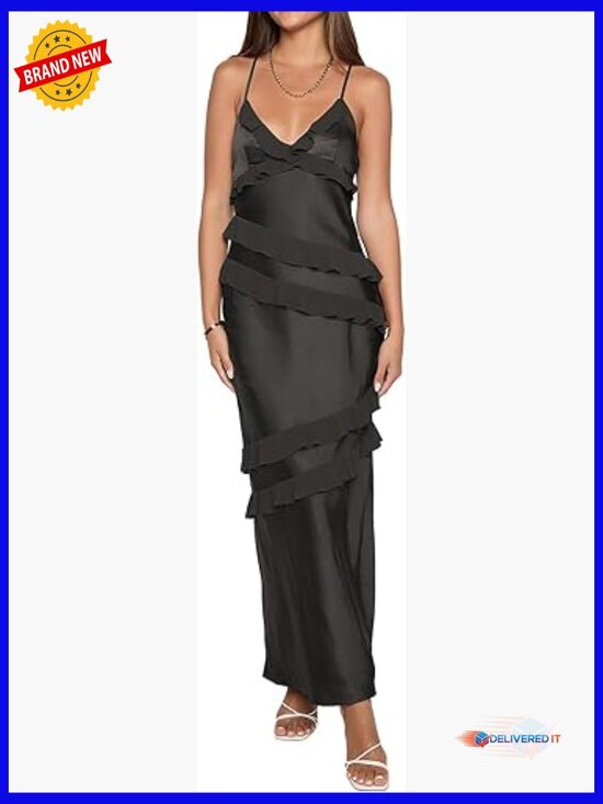 Dresses & Skirts - Satin Maxi Dress V-Neck Ruffle Backless Formal Wedding Guest